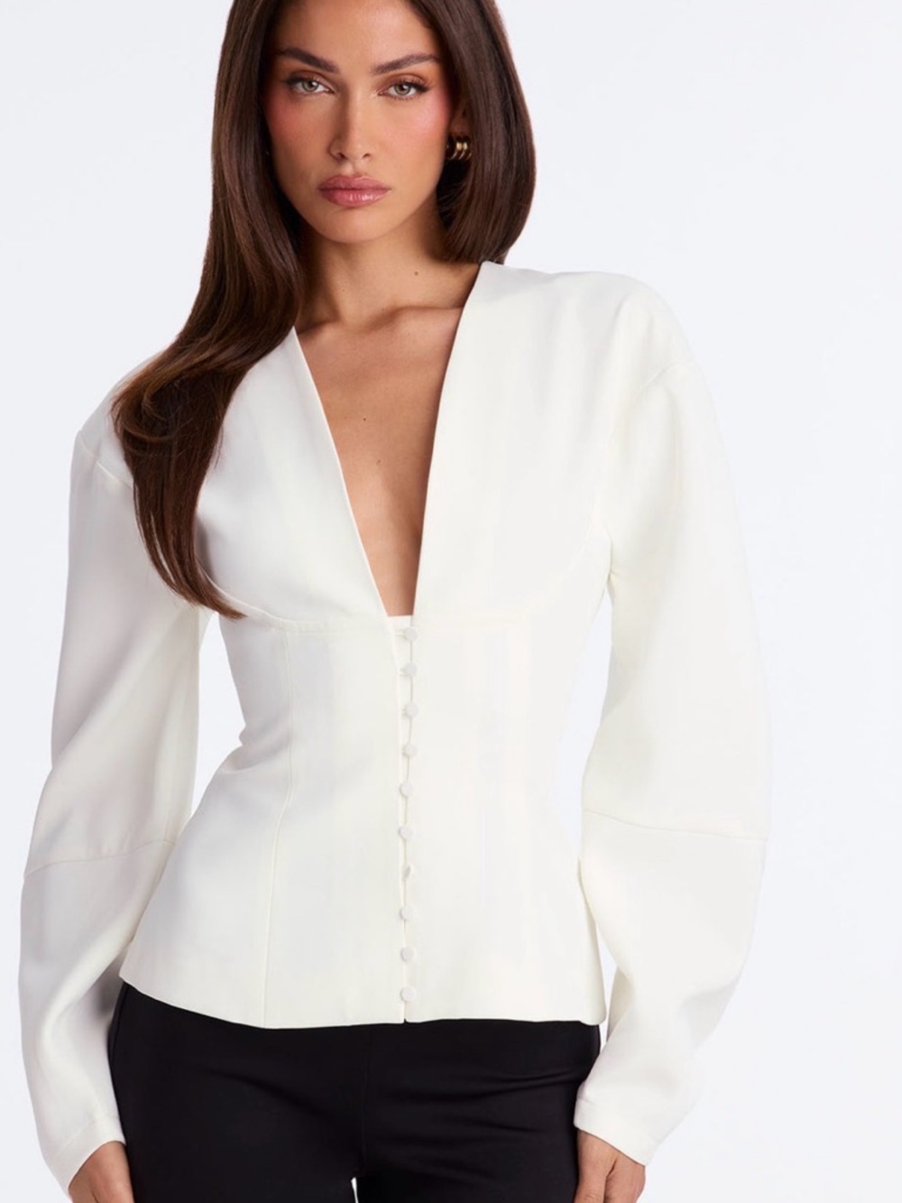 Fashion Nova Ivory Deep V Button-Front Blouse